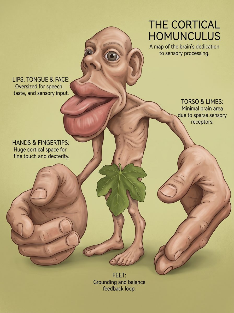 The cortical homunculus: a figure with enormous hands, lips and tongue, a thin torso and limbs, and ordinary feet, drawn to show how much brain area each body part receives